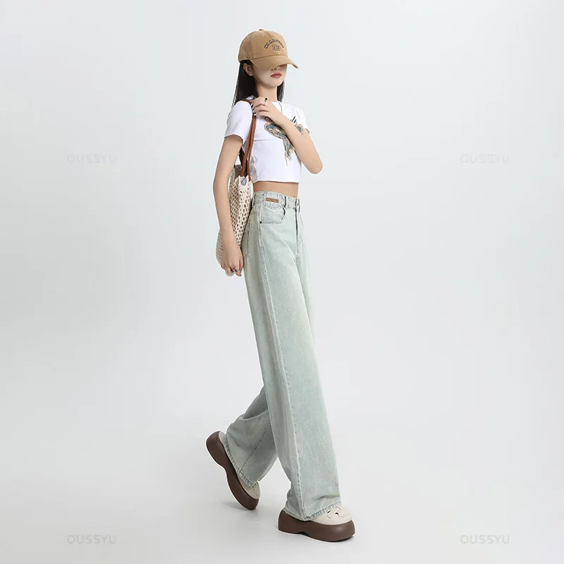 Summer Soft Lyocell Fabric Woman Jeans Thin Loose Wide Leg Straight High Waisted Pant Fashion Embroidery Comfort Casual Trousers