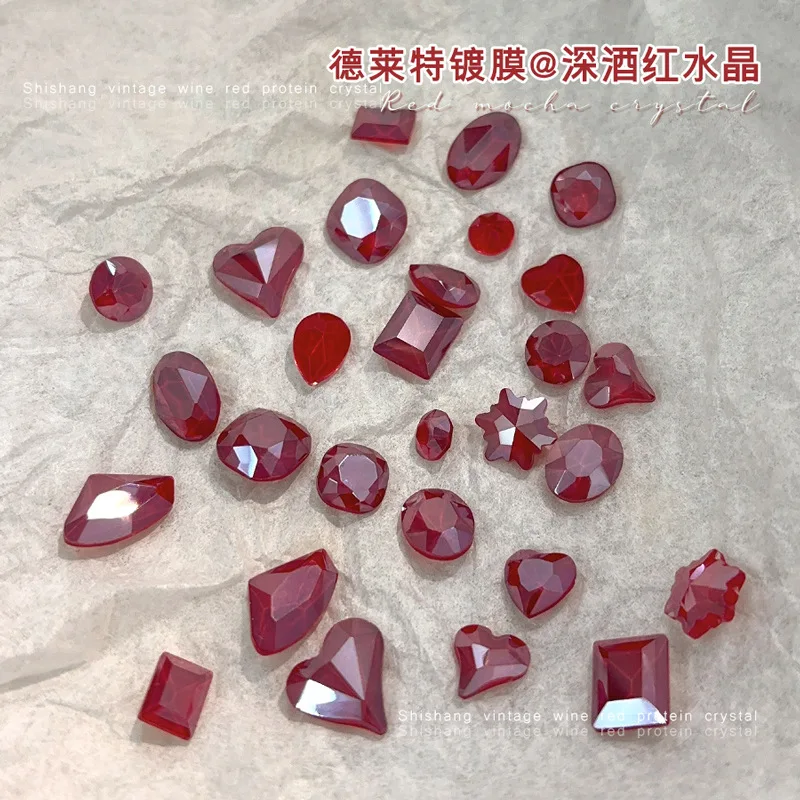Mix 70pcs Wine-Red Crystal Gemstone Heart & Water Drop Shaped Nail Decorations for Ladies' Nail Crystal Charm Decoration