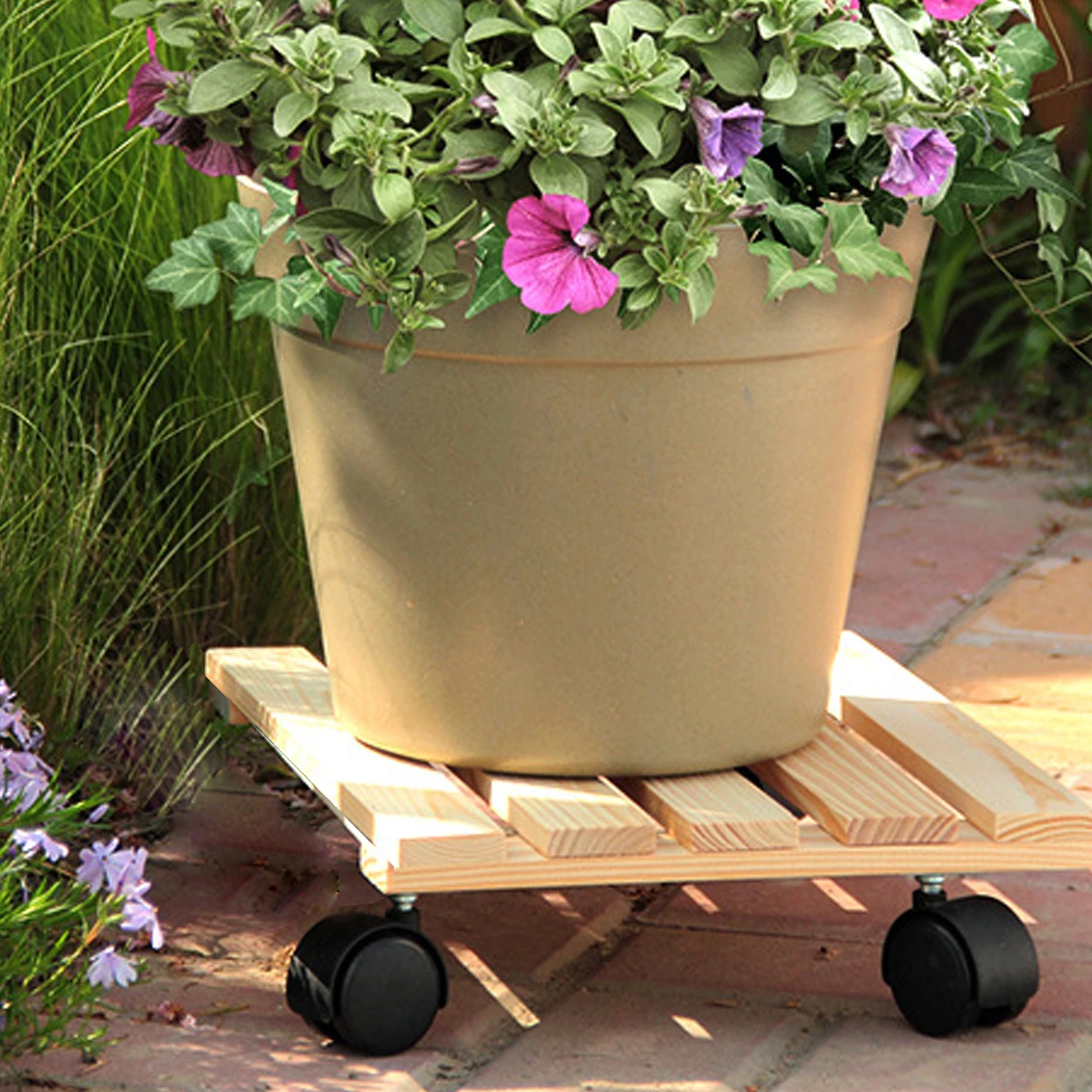 

Bamboo Plant Stand with Wheels Movable Flower Pot Mover Roller for Patio Garden Heavy Duty Plant Caddy with Wheels Rolling Tray