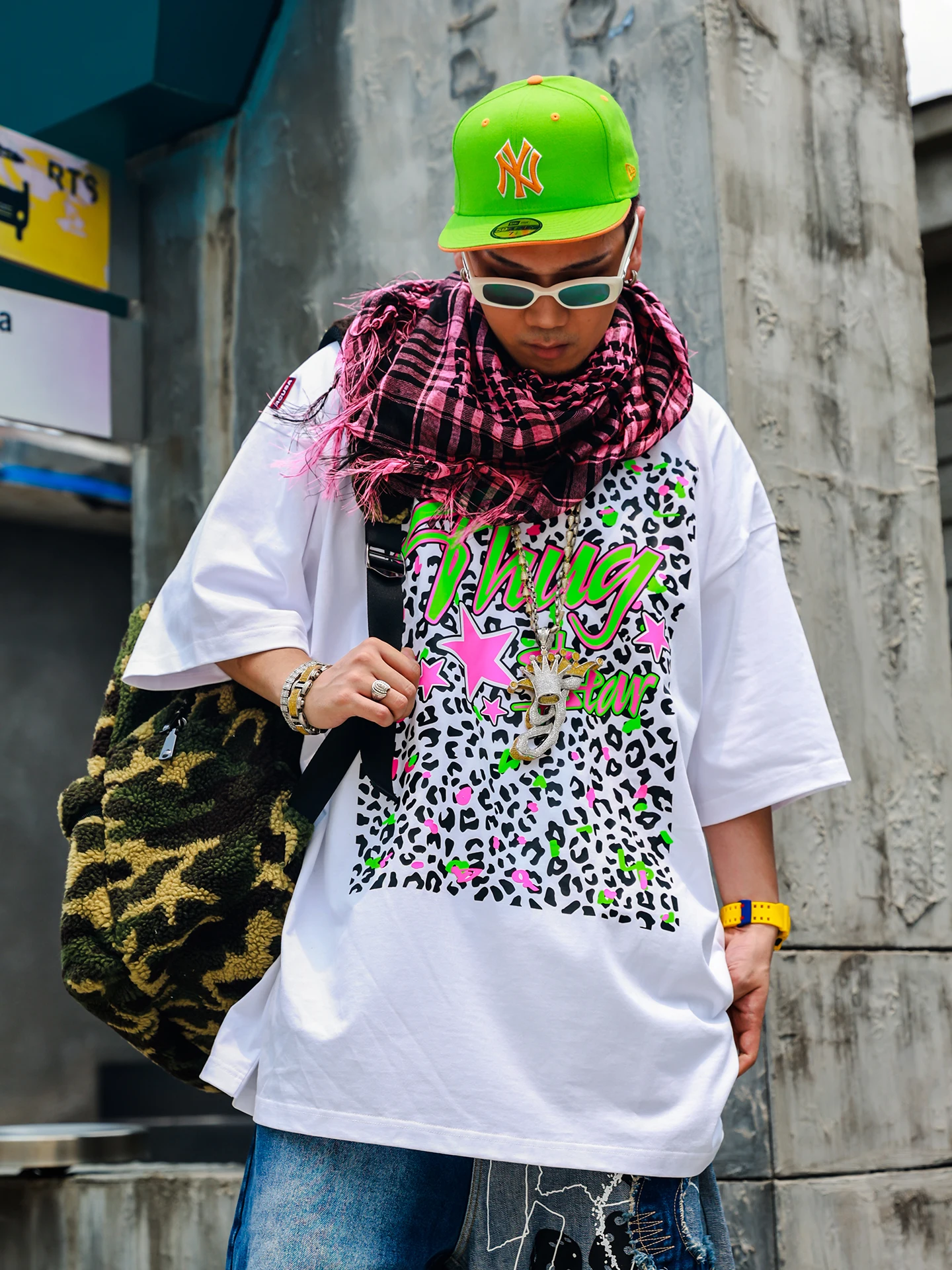 

High Saturation Print Graffiti Leopard Pattern Millennium Style Short Sleeve T-Shirt Casual Loose Fit round Neck Cotton Tee