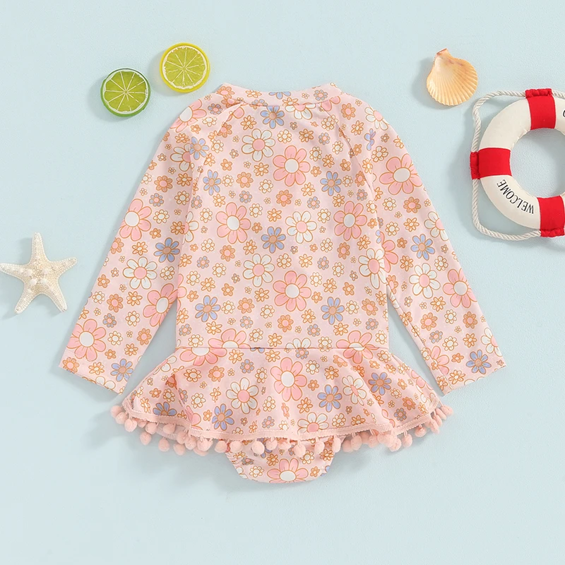 

Baby Girl Rash Guard Swimsuit Long Sleeve Swimwear Floral Zipper Ruffle Toddler Bathing Suit Beach Outfit