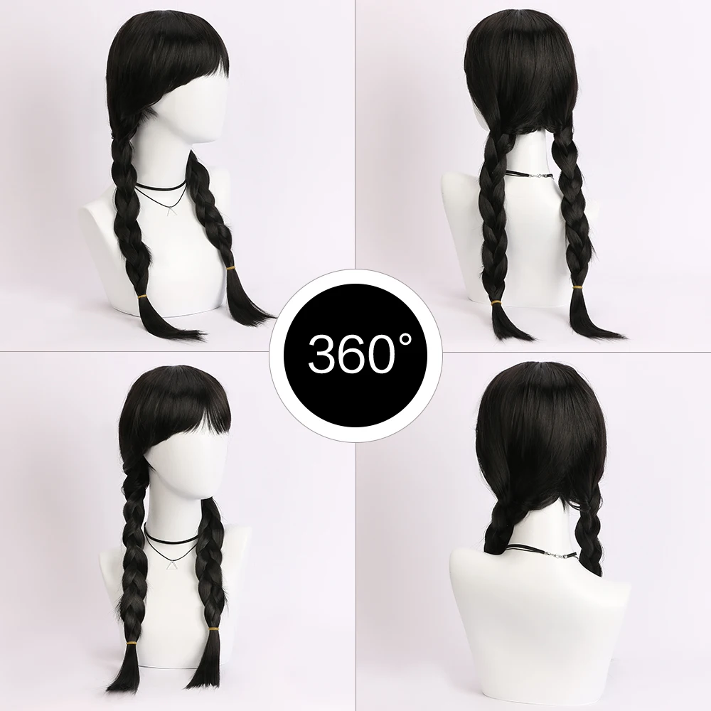 Wednesday Addams Cosplay Wig Long Black Braids Hair Heat Resistant Synthetic Wigs with Bangs for Halloween Party