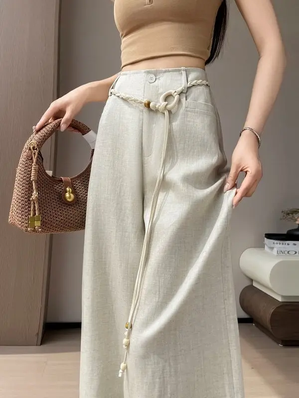 

Summer New High Waist Wide Leg Pants Linen Suit Casual Straight Cut Thin Model Women's Floor Length Trousers