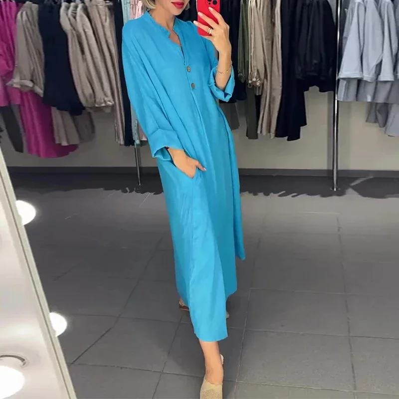 Spring Simple Casual Long Sleeve Loose Basic Dress Ladies Fashion Vestidos A-Line Long Party Dress Solid Color Muslim For Women