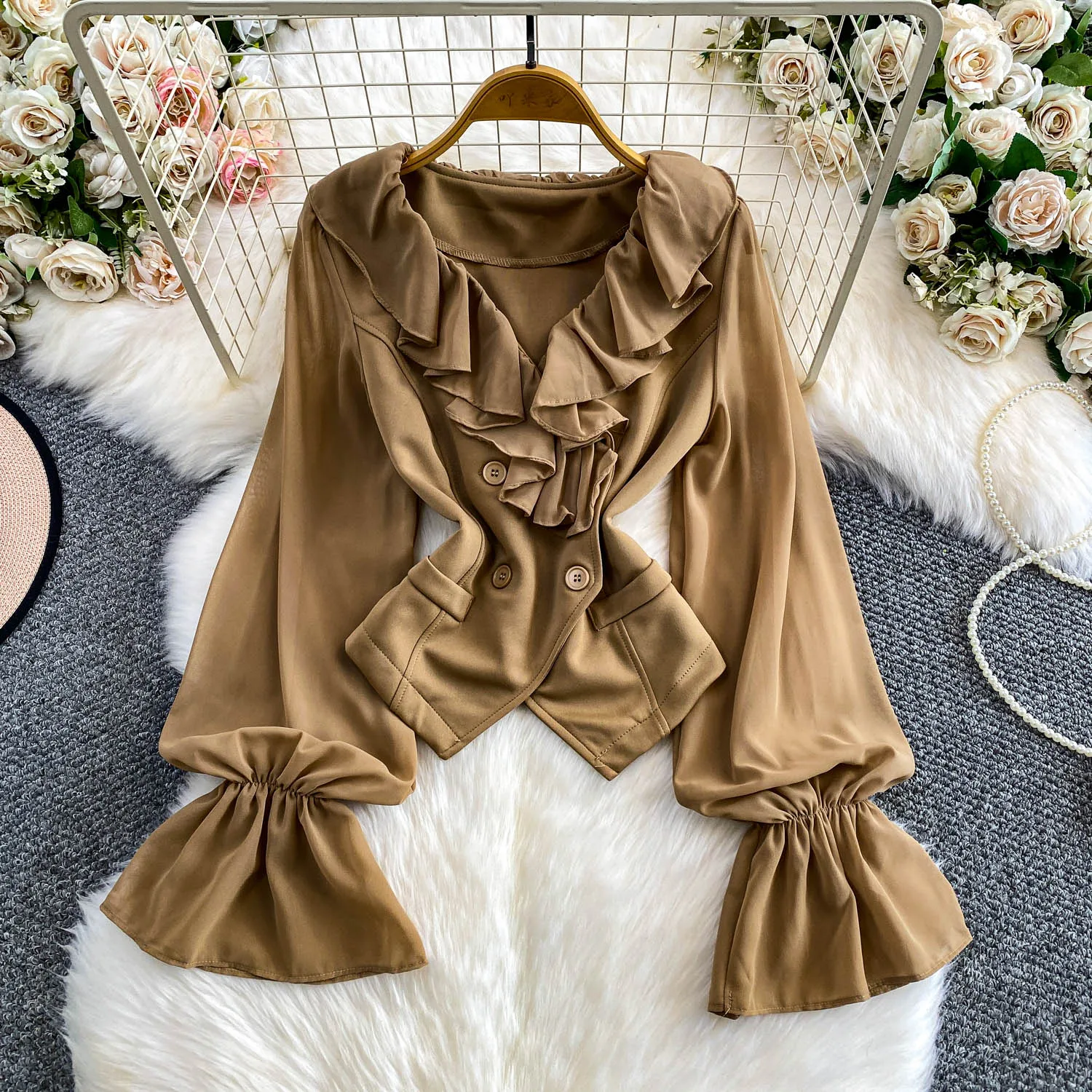 

Vintage Spliced ruffle long sleeve Blouse Elegant Korean Fashion Top autumn Shirt women clothing
