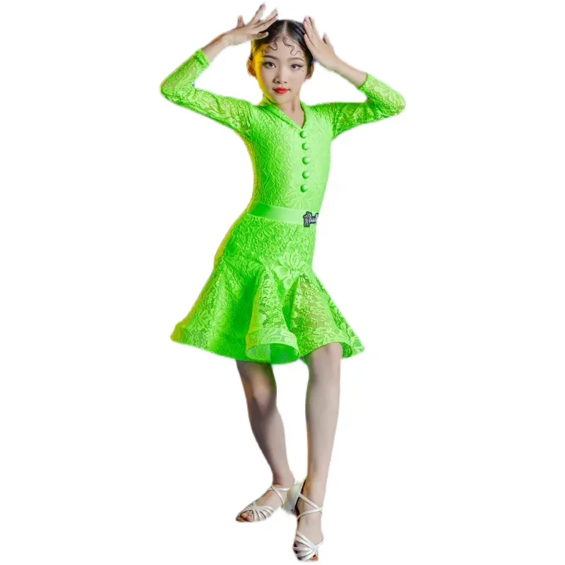 Kinderdanskleding Voor Meisjes Lange Mouwen Groene Latin Dansjurk Rokken Performance Ballroom Dance Kostuum