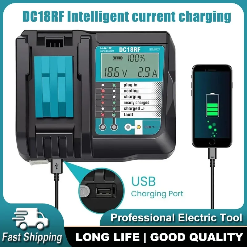 

Зарядное устройство для литий-ионных аккумуляторов DC18RF, ток зарядки 3.5А, 14.4В, 18В, BL1830, BL1430, DC18RC, DC18RA, для электроинструментов, с USB