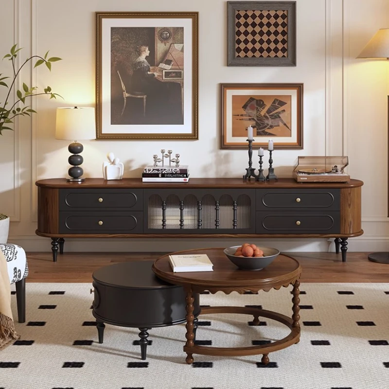 

French medieval TV cabinet, solid wood home retro style, living room coffee table TV cabinet, new floor cabinet