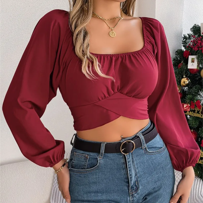 Autumn Leisure Lantern Sleeves Lace Up Chiffon Blouse Woman Slim Solid Color Crop Tops Lady Long-Sleeved Backless Shirts Femme