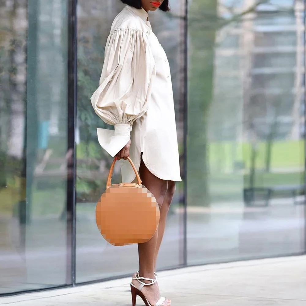 

European and American plus size women's loose puff sleeve solid color casual long sleeve shirt dress elegant party dresses woman