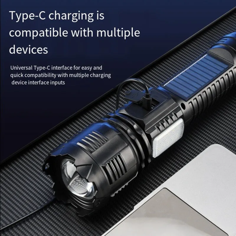 F-T Solar-Powered LED Flashlight - Long-Lasting, Ultra-Bright, Multi-Functional COB Work Light For Outdoor Activities