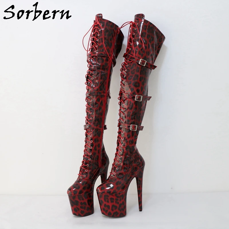 Sorbern Red Lepoard Mid Thigh Boots Women Stripper Heel Triple Straps 20Cm Pole Dance High Heel Shoes Custom 15Cm 17Cm Wide Legs