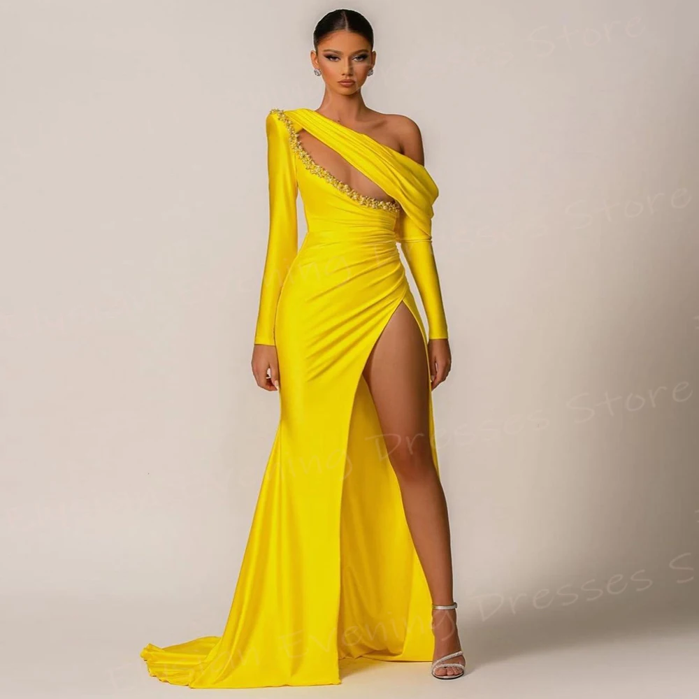 Modern Yellow Women's Mermaid Popular Evening Dresses Generous Long Sleeve Prom Gowns Side High Split Beaded Vestido De Noche