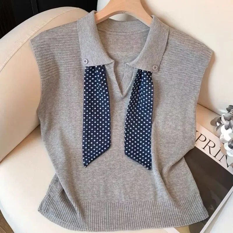 Tops T-shirts Women's Summer Korean-inspired Polo Neck Collar Scarf Designer Knitwear Thin Sleeveless Comfortable Casual Niche