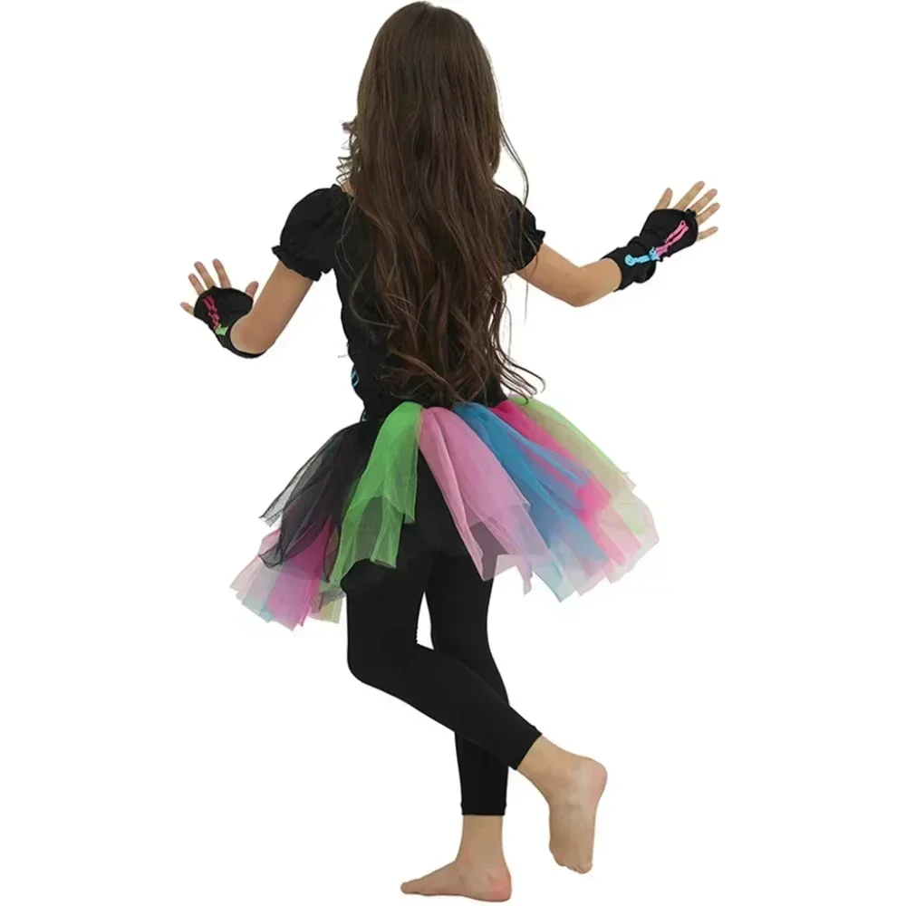 Kinder-Halloween-Hexen-Outfit für Mädchen, farbiges Skelettmuster, Tutu-Kleid, Leggings, Hut, Besen, Halskette, Süßigkeitentasche, Party-Kostüm-Set – Detail 7