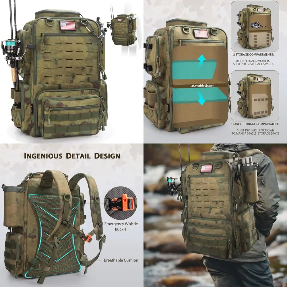 

Водонепроницаемый рыболовный рюкзак камуфляжной расцветки 45 л с 4 держателями для удочек, идеально подходит для мужчин и женщин (лесной зеленый)