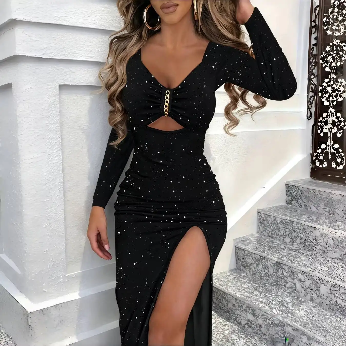 Maxikleid Frühling Sommer Damen Schwarz Langarm Sweetheart-Ausschnitt Glitzer Cutout Gerafftes Bodycon Sexy Schickes Date-Party-Kleid