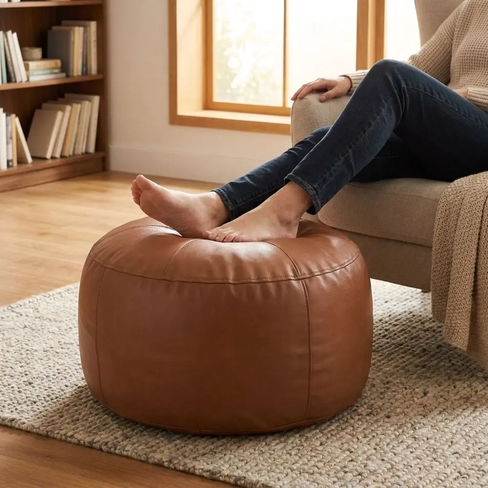 Multi-functional PU Leather Seat Cushion Cover Waterproof Large Capacity Pouf Cover Round Minimalist Storage Bench Cover Bedroom