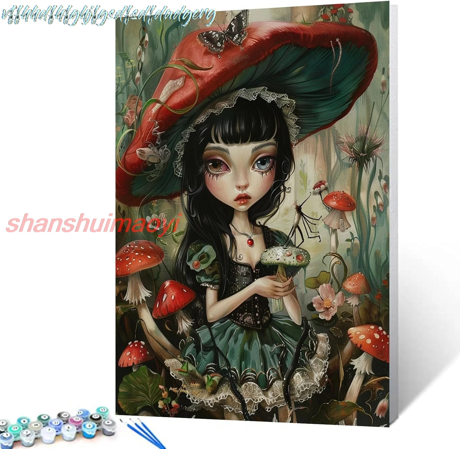 Sexy Girl Wearing Mushroom Hat Paint by Number Kits 16 x 20 inch Women in Forest Jungle Canvas DIY Oil Painting for Kids Ad sign