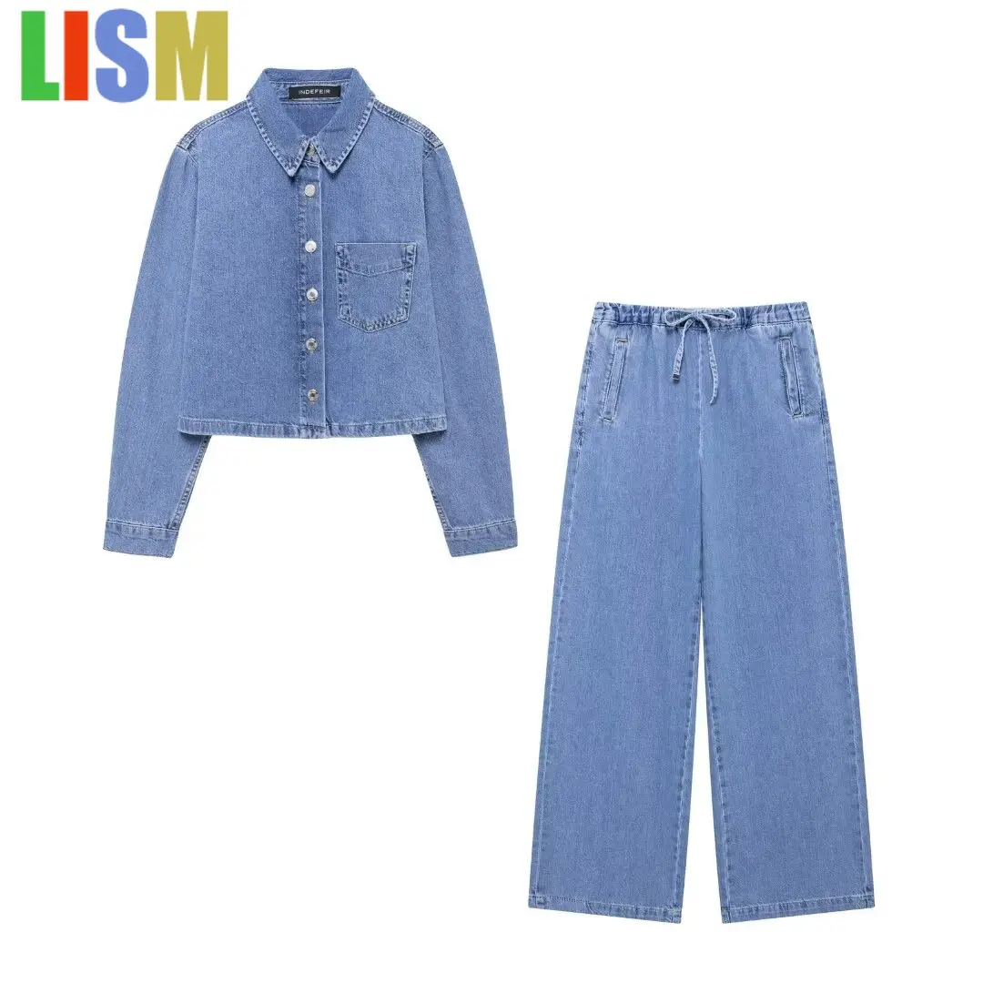 

LISM 2025 winter woman outfit Chic Women Cowboy Suit Single Breasted Loose Jackets Long Pants Fashion Denim Two Piece Set