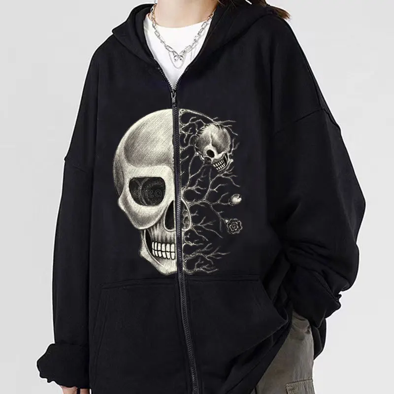 

Women Flower Skull Print Streetwear Oversized Hoodies Women Jacket Coat Goth Harajuku Y2k Clothes Grunge Zip Hoodies Sweatshirts