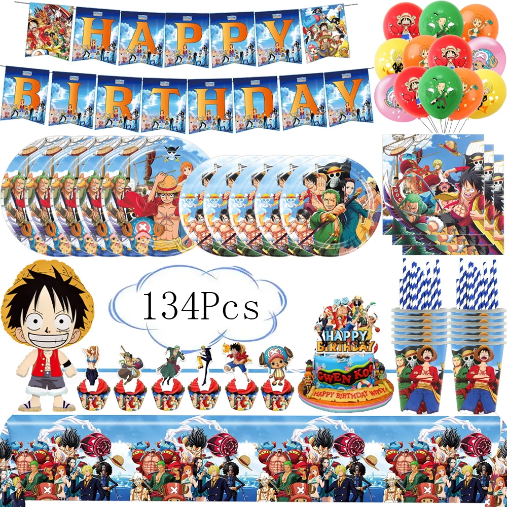 ONE PIECE Themen-Geburtstagsparty-Dekorationsset Luffy Ballons Teller Becher Tischdecke Geschenktüte Banner Babyparty-Zubehör Jungengeschenk – Detail 4