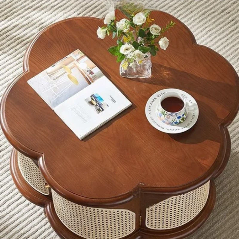 Solid wood retro rattan flower coffee table, ash wood simple living room round