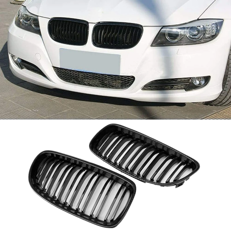 Car Carbon Fiber Glossy Black Double Slat Front Kidney Grille Grill for-BMW E90 E91 LCI 3 Series 2009-2011