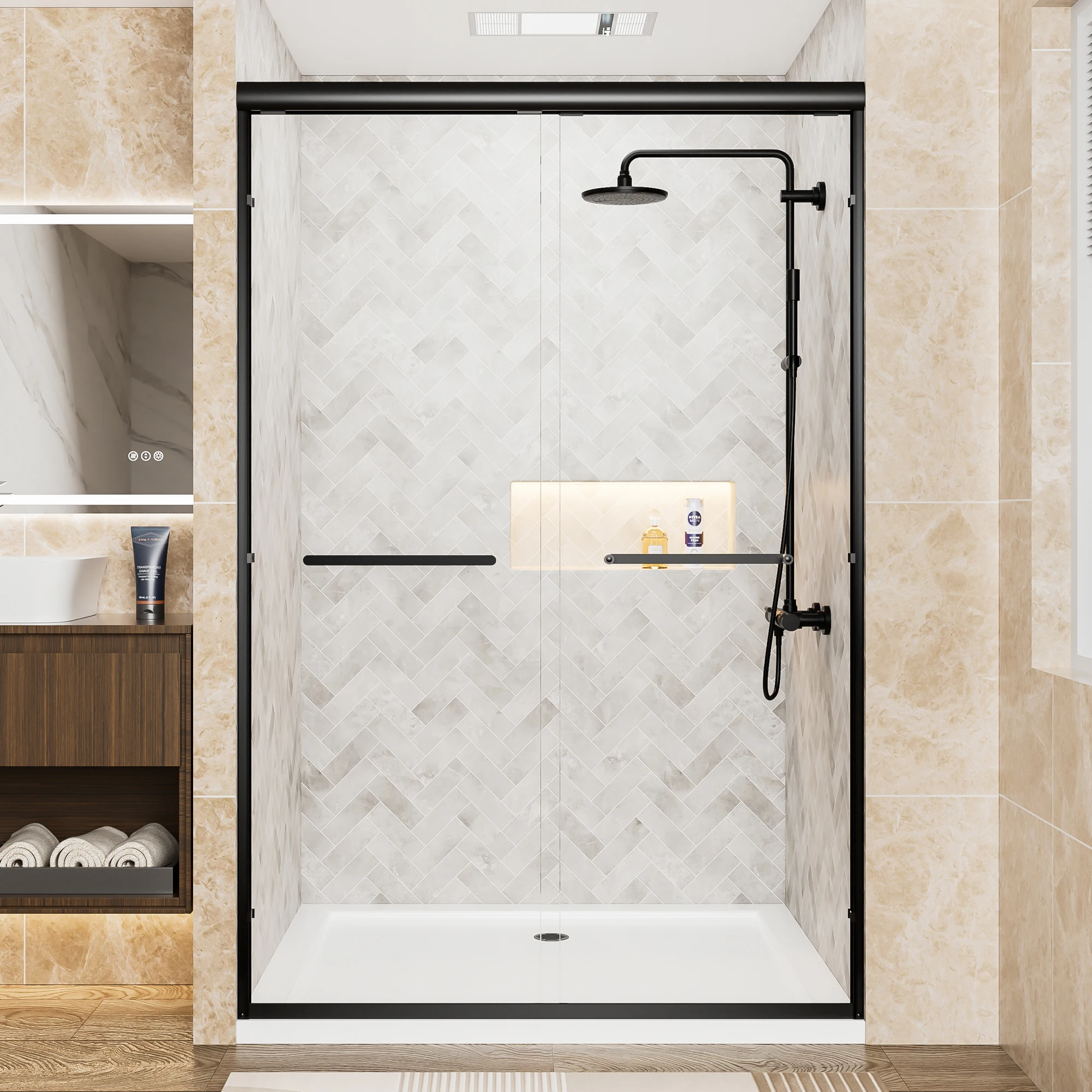 

48" W x 72" H Matte Black Aluminum Frame Double Sliding Shower Door, 1/4" (6mm) Tempered Glass With Explosion-proof Film
