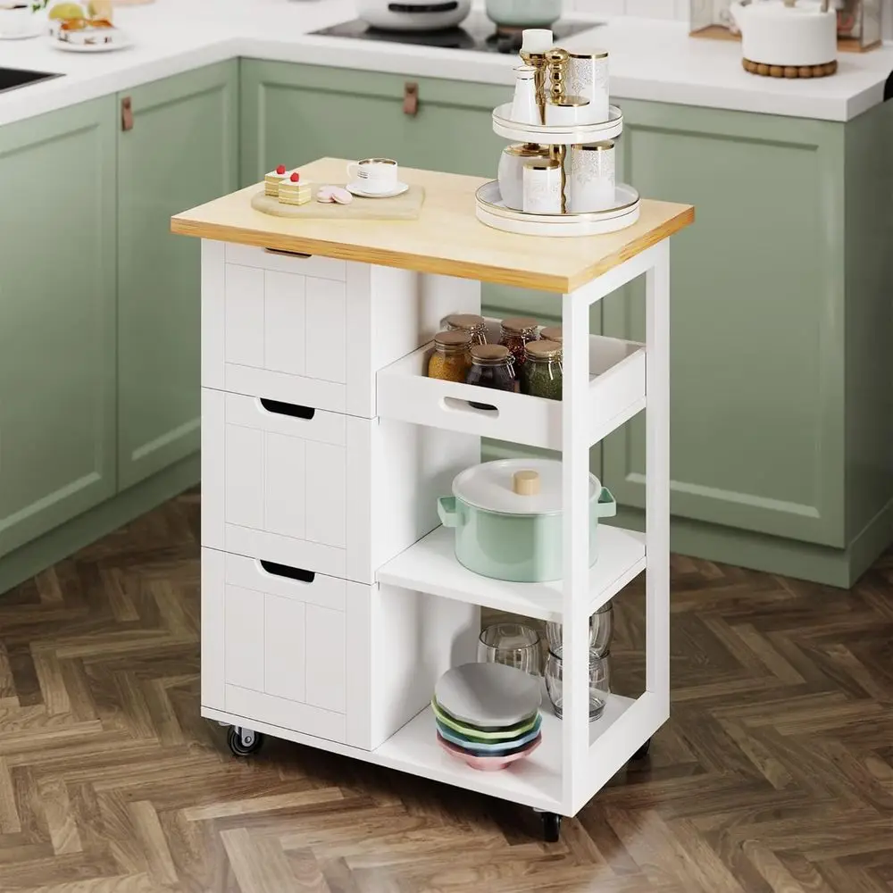 

26 Rolling Kitchen Island Cart with Storage, Shelves, and Towel Rack - White