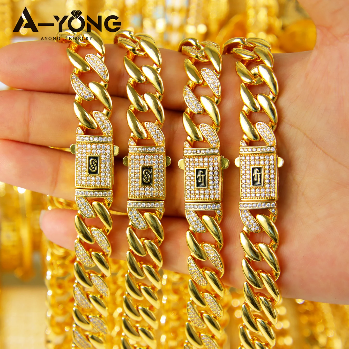 Luxuriöses Zirkonia Monaco Schmuckset 21k Vergoldet Italienischer Hip-Hop Kubanische Halskette Armband Ring Ohrringe Damen Punk Schmuck – Detail 9