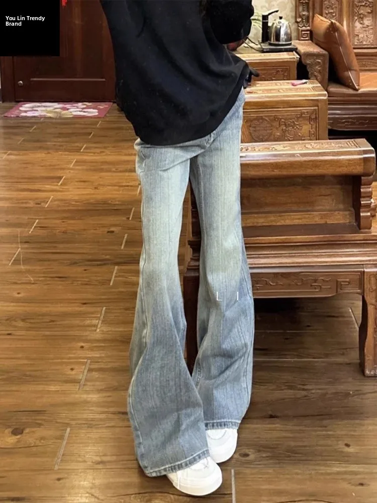 

Blue Bamboo Bud Pattern Men's Jeans American Retro Spring Straight Leg Micro Flared Pants High Waist Water Waed Casual Wear