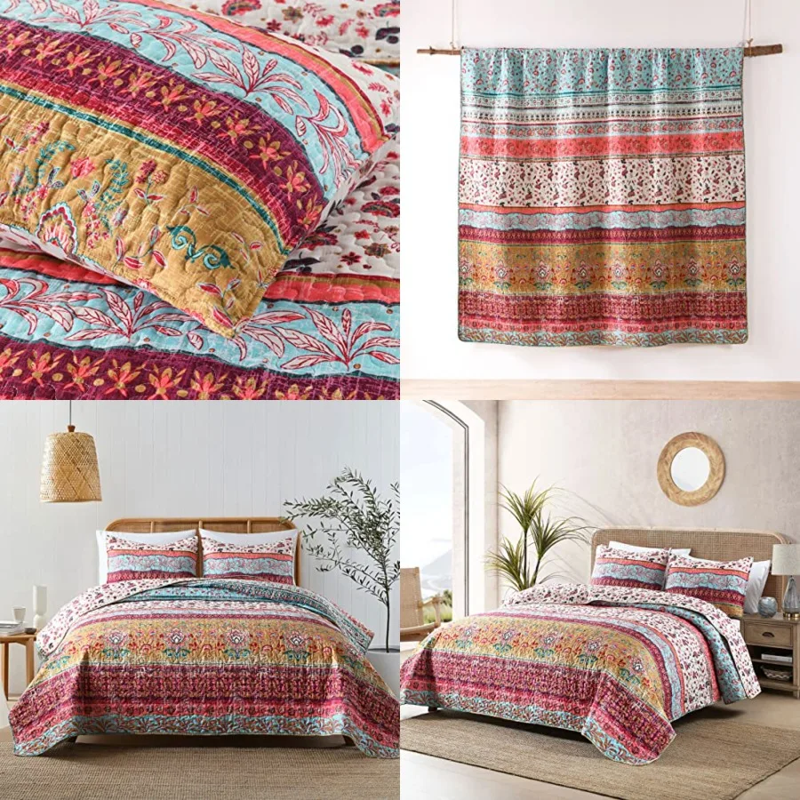 

Boho Style Queen Quilt Set Reversible Bohemian Floral Strip Quilt Beddding Set, Soft and Lightweight Bedspread for All Season, Full Size Bed Coverlet with 2 Matching Pillow Shams (3 Pieces)