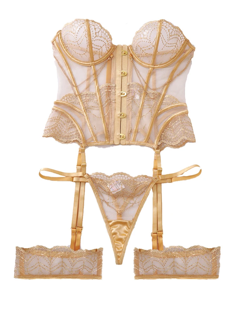 Luxury Embroidered See-through Lingerie 3Pcs Set Women Bone Corset Shapewear Slim Sexy Underwear Club Party Fashion Outfit