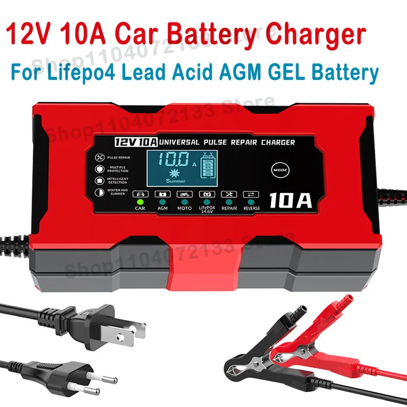 

12V 10A Car Battery Charger 14.6V 10A Auto Motorcycles Smart Charger For Lifepo4 Lead Acid AGM GEL PB Lithium Batteries Repair