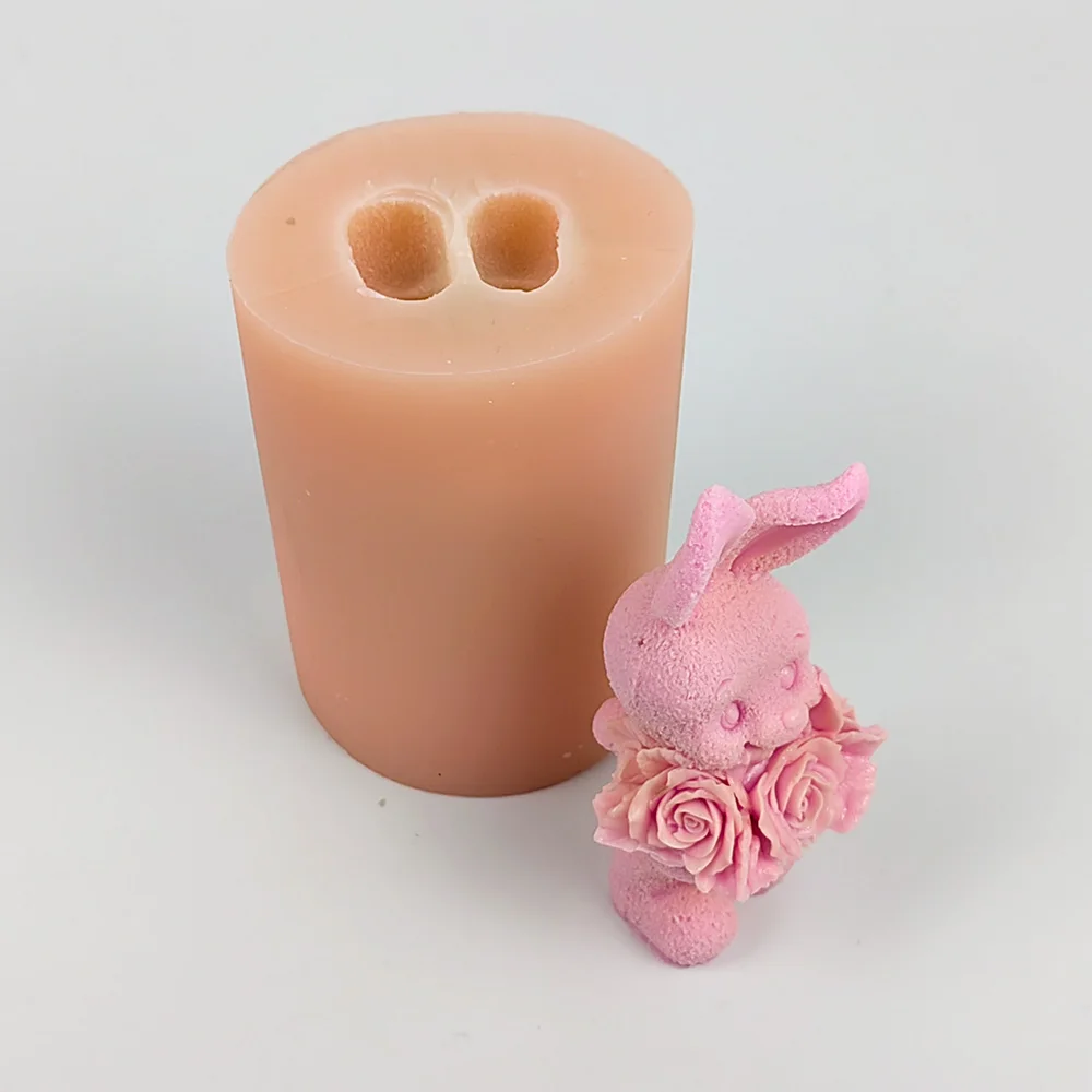 Animals Mold Rabbit Holding A Bouquet Of Roses 3D Bunny Moulds Soap Molds Candle Silicone Wedding Birthday Valentine's DW0509