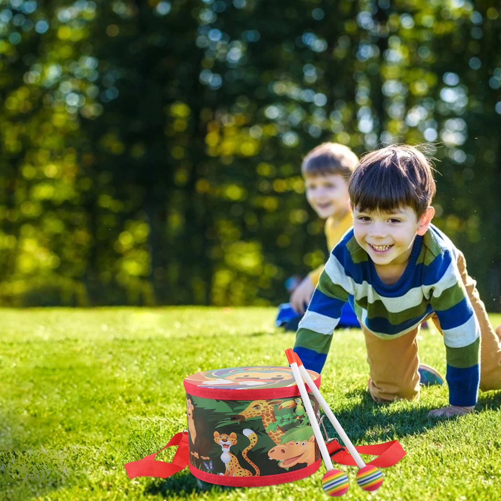 

1 Set Kids Drum Set Wooden Percussion Musical Instrument Dual-Sided Adjustable Belt Animal Design Sensory Hand Drum Toddler