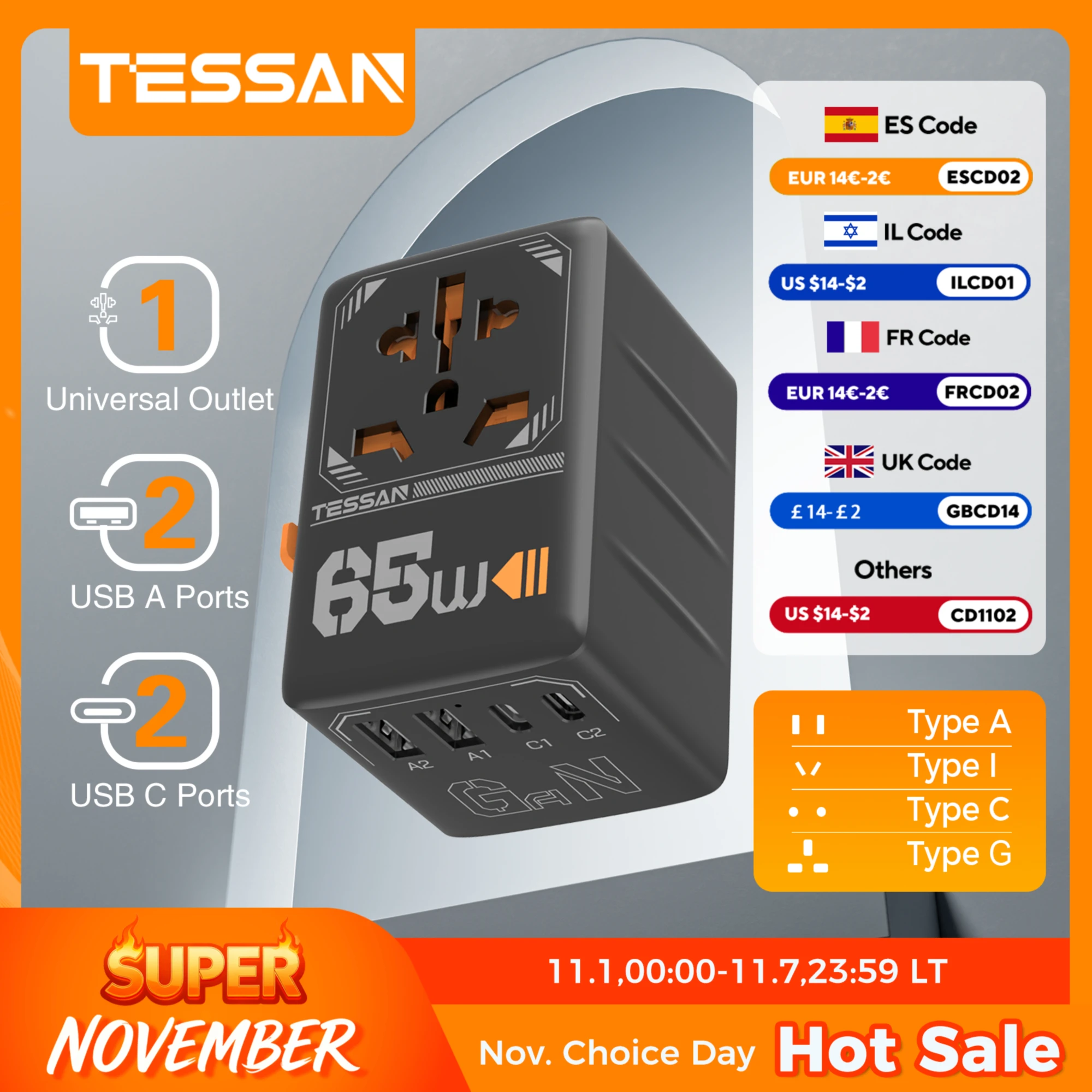 

TESSAN 65W GaN International Plug Travel Adapter with USB Type C Worldwide Universal Power Adapter EU/UK/USA/AUS Plug for Travel
