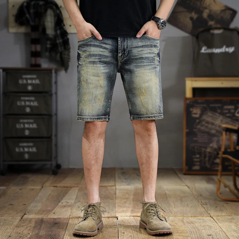 Retro Gewassen Denim Shorts Heren Zomer 2024 Nieuw Modemerk Instagram Kat Oude Kleur Stretch Motorbroek