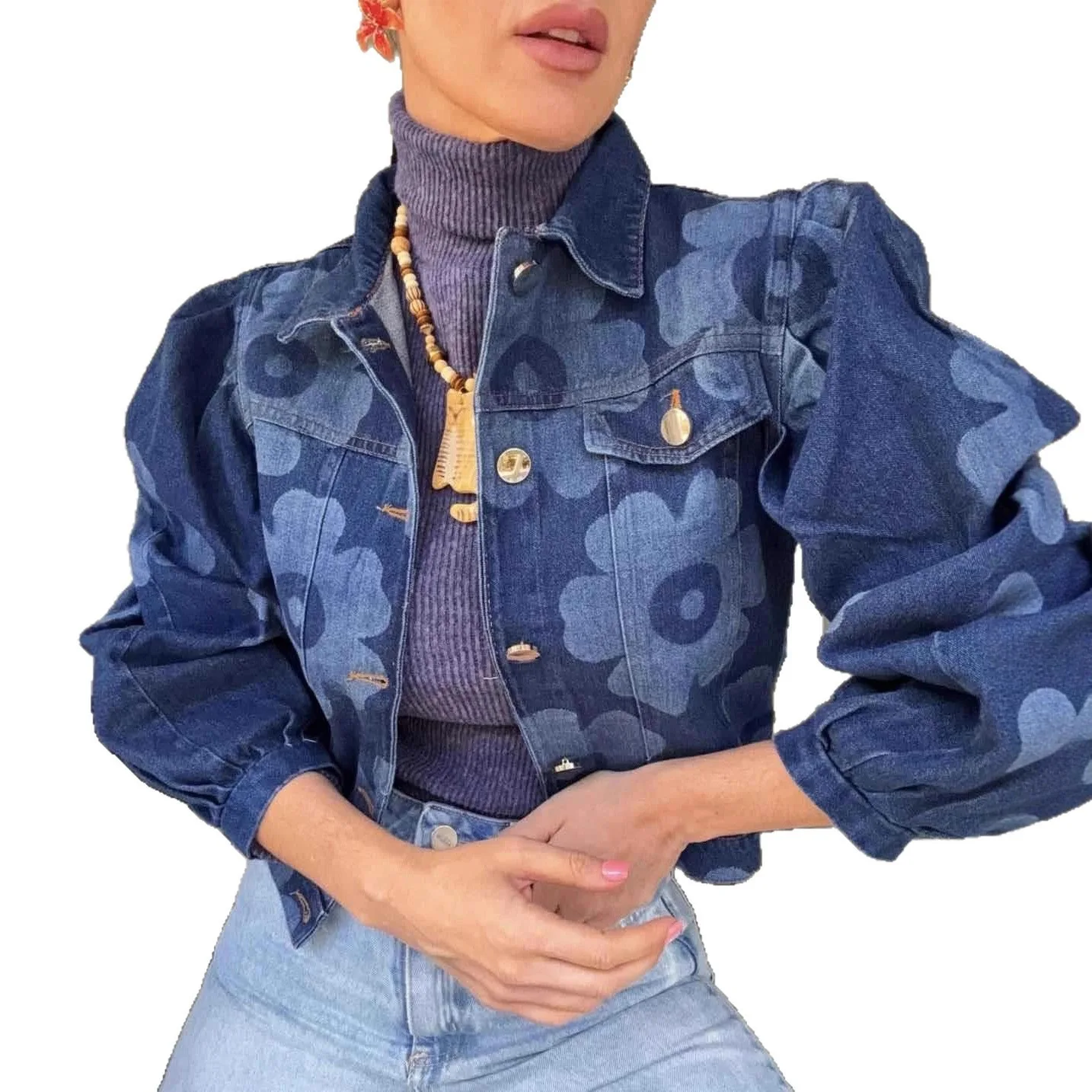 

Women Print Denim Coat Outerwear Jacket Single Breasted Turn Down Collar Cardigan Casual Basics 2026 Spring Buttons Jackets