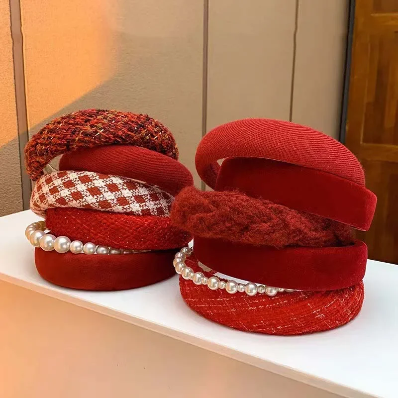 

New Vintage Red Womens Headband Woolen Velvet Hair Band Headwear Girl Side Sponge Hair Hoop Christmas Day Hair Accessories