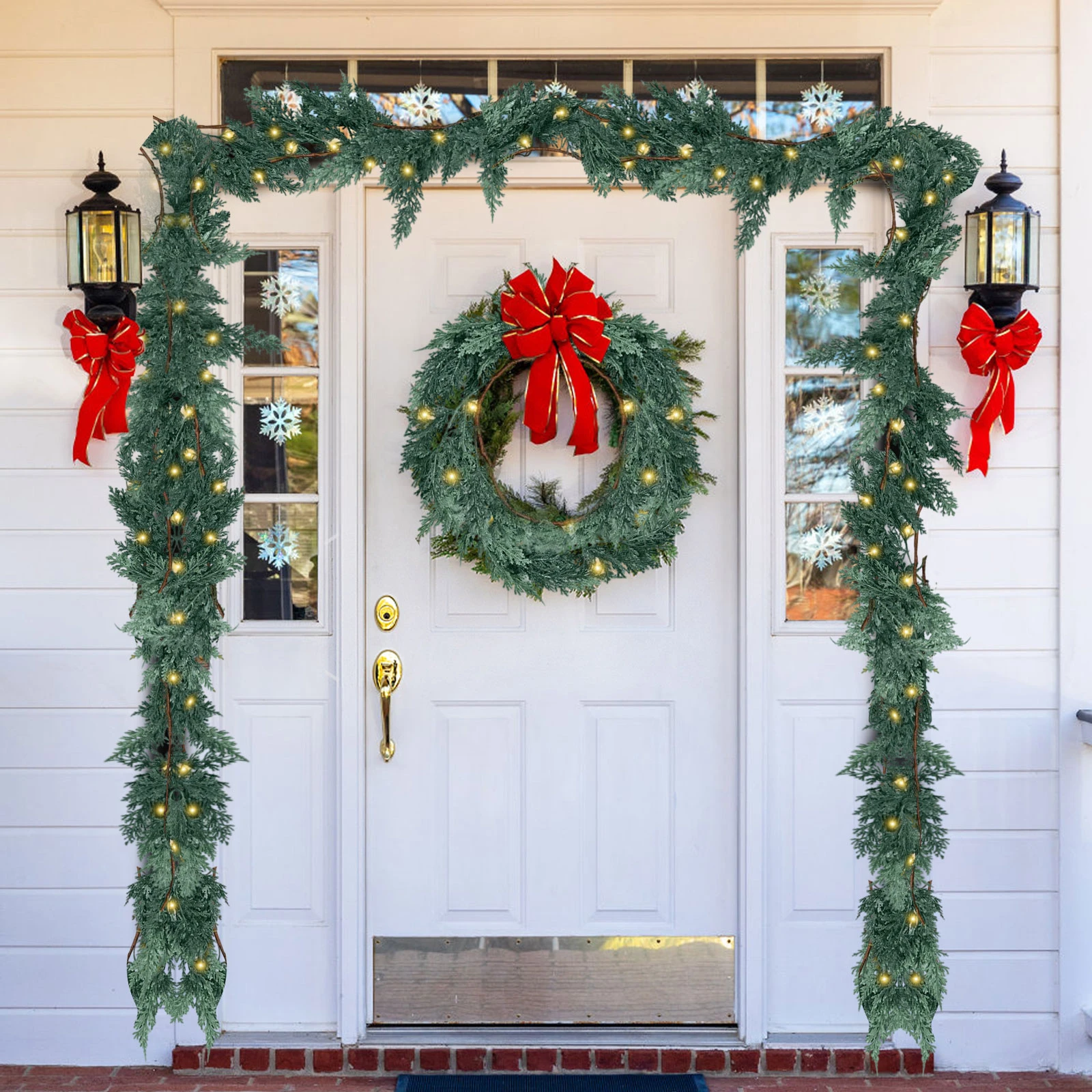 Tête de porte de centre commercial d'hôtel PE en rotin de noël, main courante d'escalier, décoration de noël, couronne de Simulation