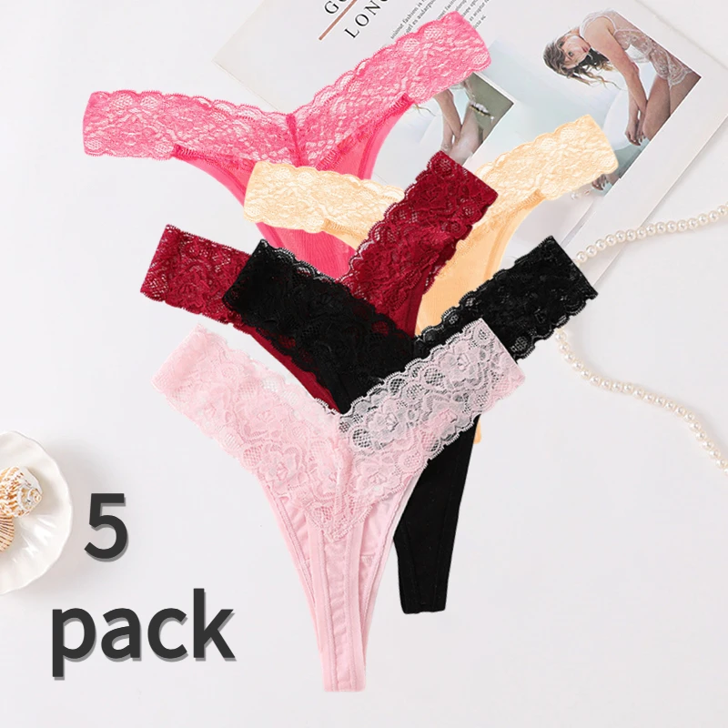 

5 Pack Lot Women Sexy Thong Panties Cotton Lace Tangas G-string Soft String Tangas Mujer Female Underwear Woman Coton