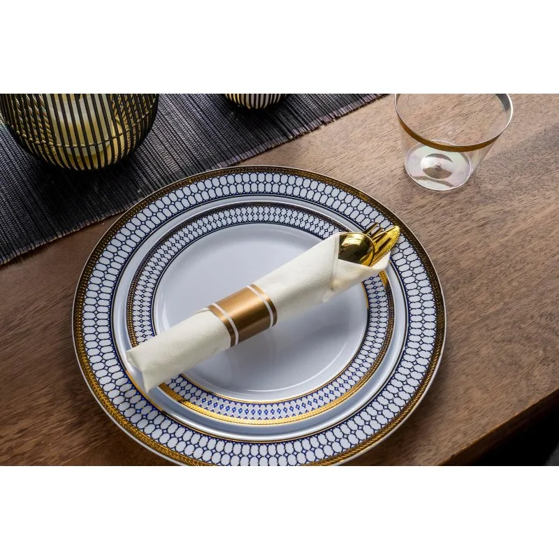 350Pcs Blue and Gold Plastic Silverware Set for 50 Guests, Disposable Dinnerware Set includes: 50 Pre Rolled Napkins