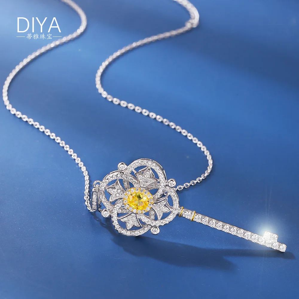 S925 Sterling Silver Plating Platinum  Necklace for Women Zircon Key light luxury Crystal Clavicle Chain
