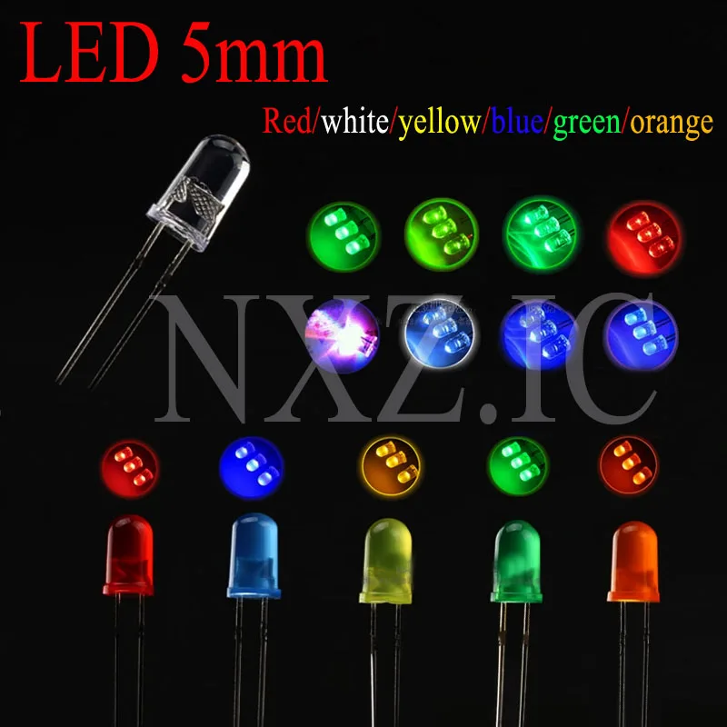 

100PCS F5 LED Diode 5MM Assorted Kit White Green Red Blue Yellow Orange Pink Purple Warm White DIY kit Light Emitting Diode bxv