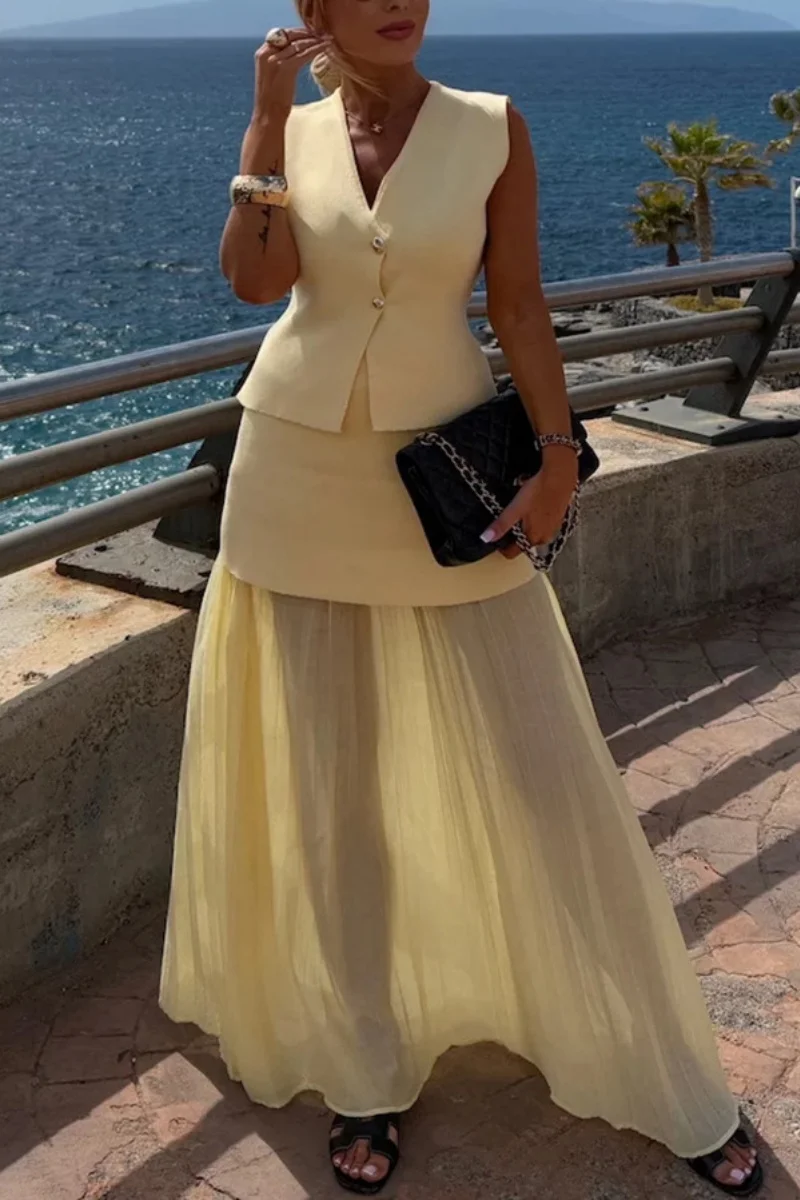 

Elegant Knitted 2 Piece Sets Women Outfit Summer Clothes Women Knit Sleeveless Vest Top Patchwork Skirt Set Two Piece Dress Sets