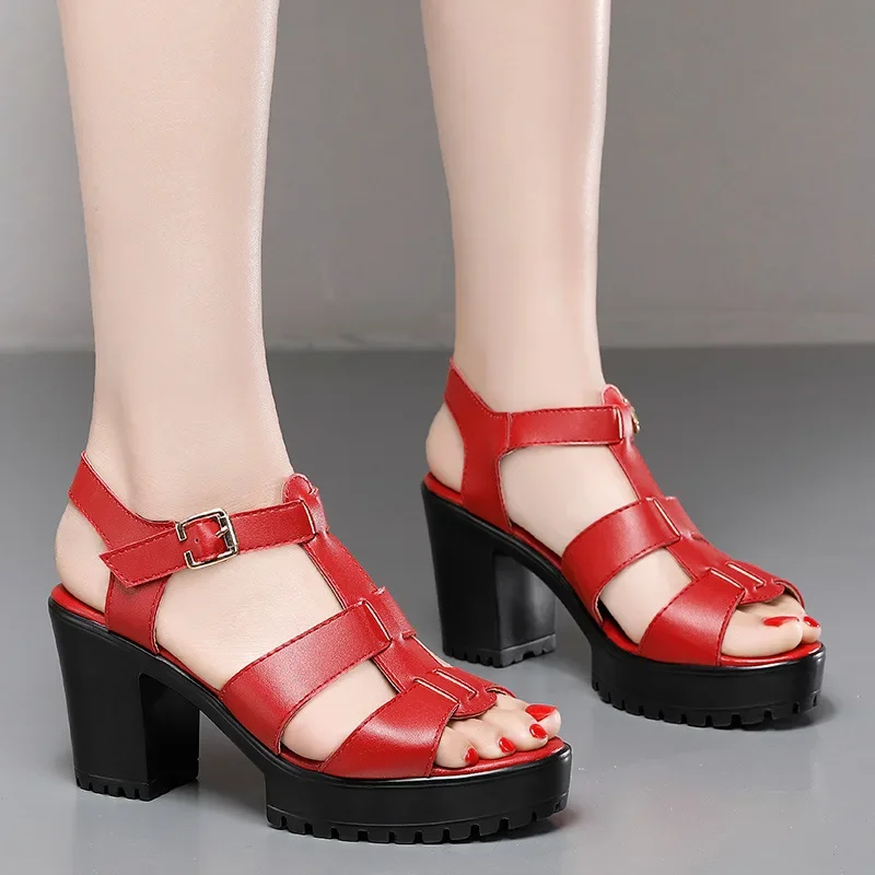 

6 8 10cm Small Size 32-43 Elegant Soft Leather Shoes Platform Sandals 2024 Summer Block High Heels Gladiator Sandals Office Mom