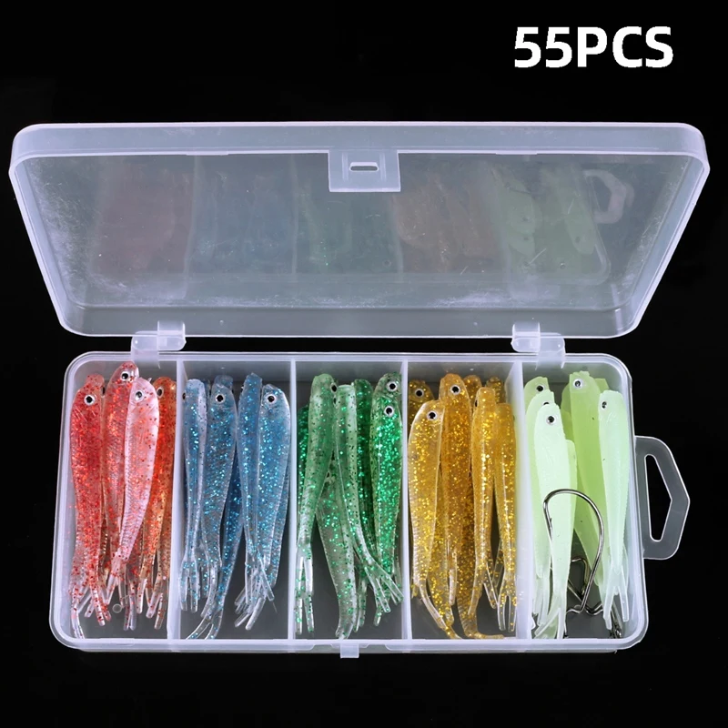 55Pcs Soft Fishing Lures Baits Fishing Tackle Kit Bait Soft Plastic Swimbait Accessories