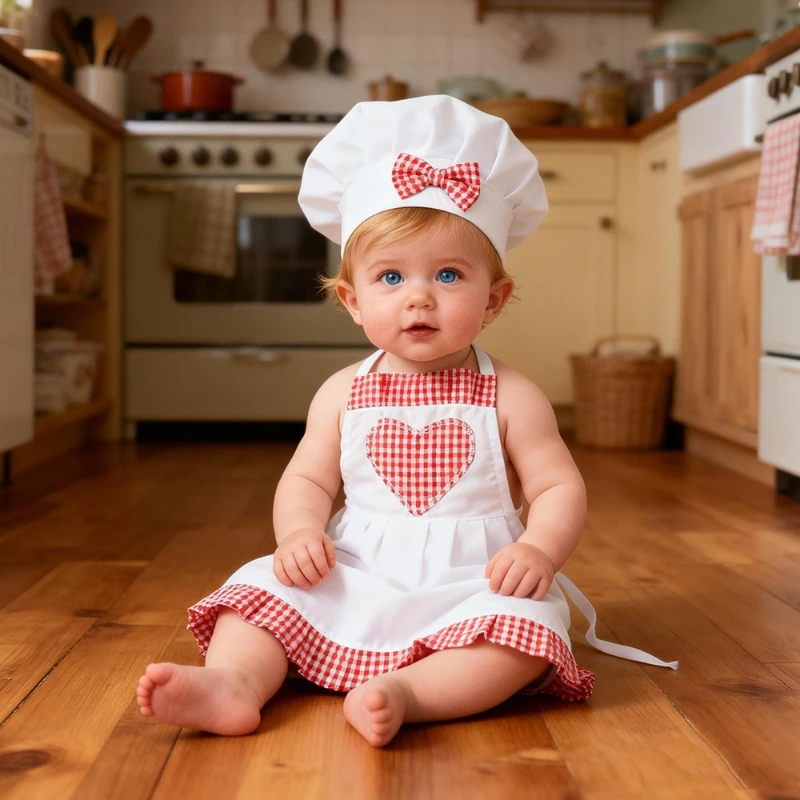 Disfraces de Chef para Bebé con Cuadros Rojos, Accesorios para Fotografía de Recién Nacidos, Juego de Delantal y Gorro con Corazón, Lindos Trajes de Panadero para Bebés, Accesorios de Estudio